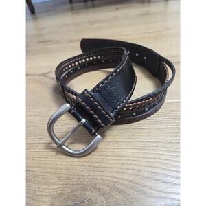 NWOT Fossil Brown Black Perforated Cut Out 2" Leather Belt Solid Brass Buckle 36